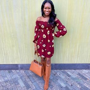 Floral Off the Shoulder Dress- Burgundy